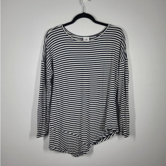 Cabi Top Tee Tunic Size M Boat Neck Long Sleeve Asymmetrical Stripe Black White - Picture 2 of 6